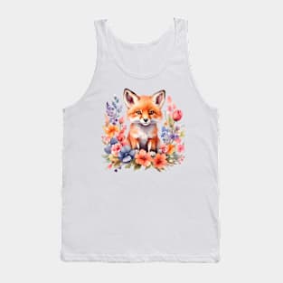 A red fox decorated with beautiful colorful flowers in a watercolor illustration Tank Top